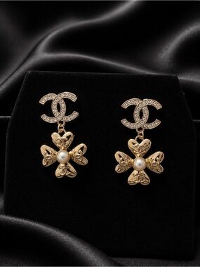 CHANEL Gold Crystal CC Drop Earrings with Pearl Flower